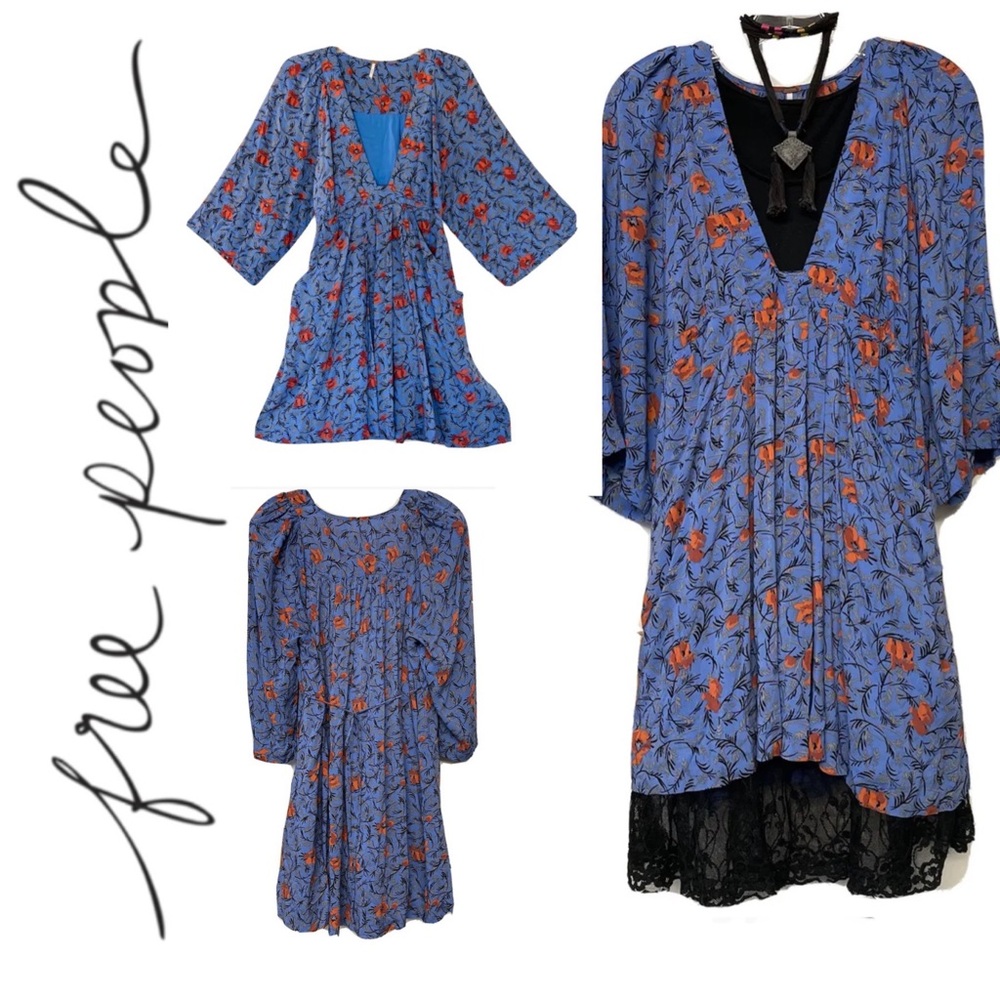 SOLD! Free People Tallulah V-Neck Floral Blue with Flowers Mini Dress Sz: S - Picture 3 of 6